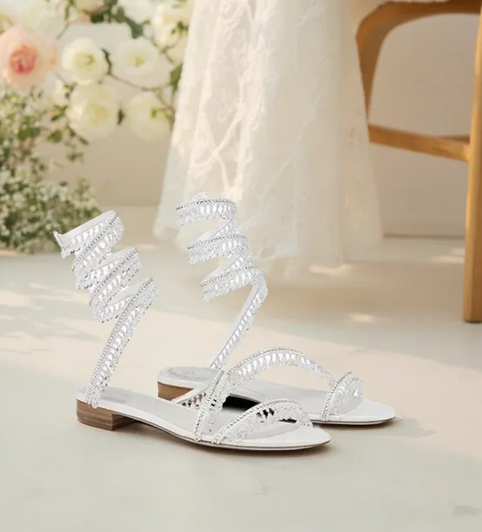 

New Summer Women Colorful Crystal Pendant Snake-Shaped Rhinestone Decor Ankle Wrapped Low Heel Sandals Round Toe Modern Sandals