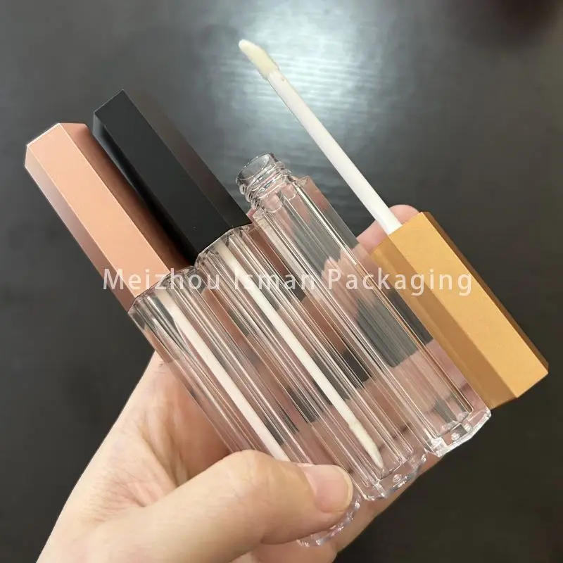 50Pcs unique matte black gold hexagon lip gloss packaging empty bottle rose gold lipgloss container tubes with wands brush 4ml