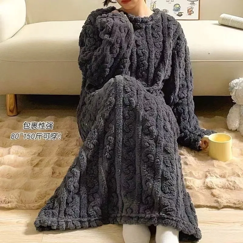 Women Robe Pajamas Lady Student Nightdress Coral Fleece Plus Size Loose Warm Loungewear Lined Thickened Mid-length Pajamas Robe