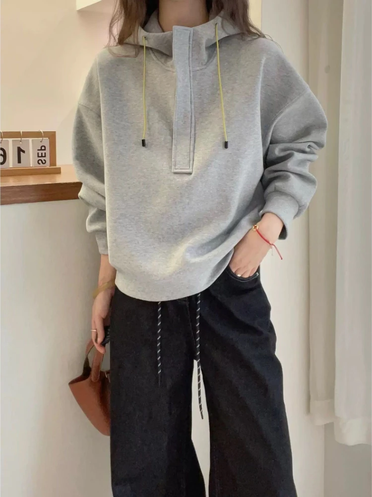Women's Korean Autumn Solid Loose Hoodie Fleece Lined Casual Slimming Versatile Long Sleeve Top