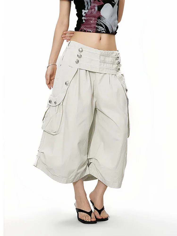 IMU REDDACHiC Vintage Buttons Palazzo Pants Women Y2K Fold Over Elastic Waist Wide Leg Pleat Cargo Pants Lounge Alternative Clot