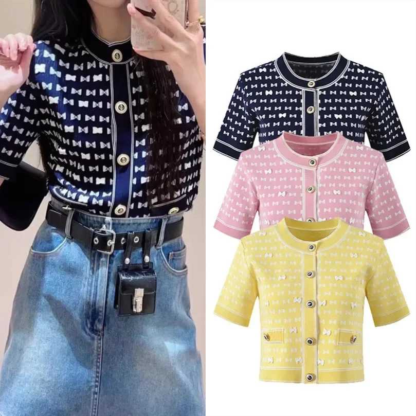 Classy European Goods Paris Gold Summer Fancy Sweet Round Neck Short Sleeve Tops Women's Bows Knitting Cardigan