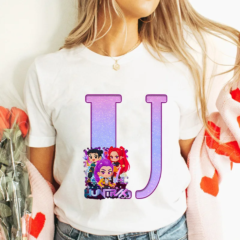 Kpop Demon Hunters Cartoon Alphabet A-Z 26 Women Cotton T Shirt Summer Short Sleeve Tee Cute Anime T-shirt Harajuku Tshirt Tops