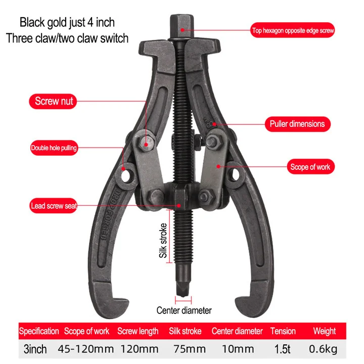 Carbon Steel Puller with Three-Jaw Construction for Removing Bearings and Interference-Fit Components in Field and Shop Use
