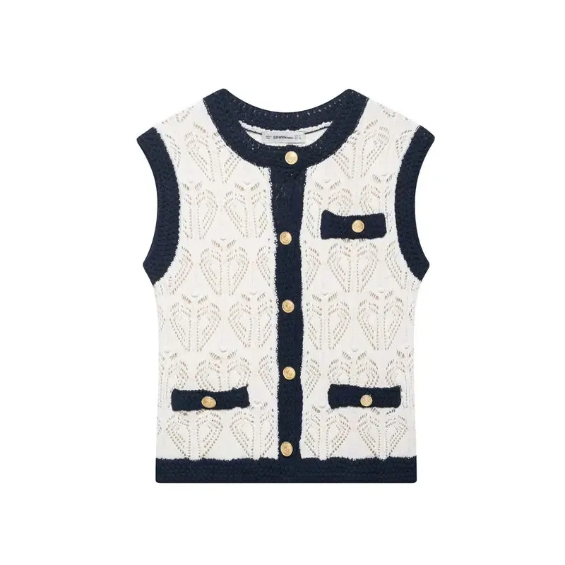 

Women's Summer Ribbed Knitted Sweater round Neck Sleeveless Top Fashion Casual Decorative Single Breasted Vest