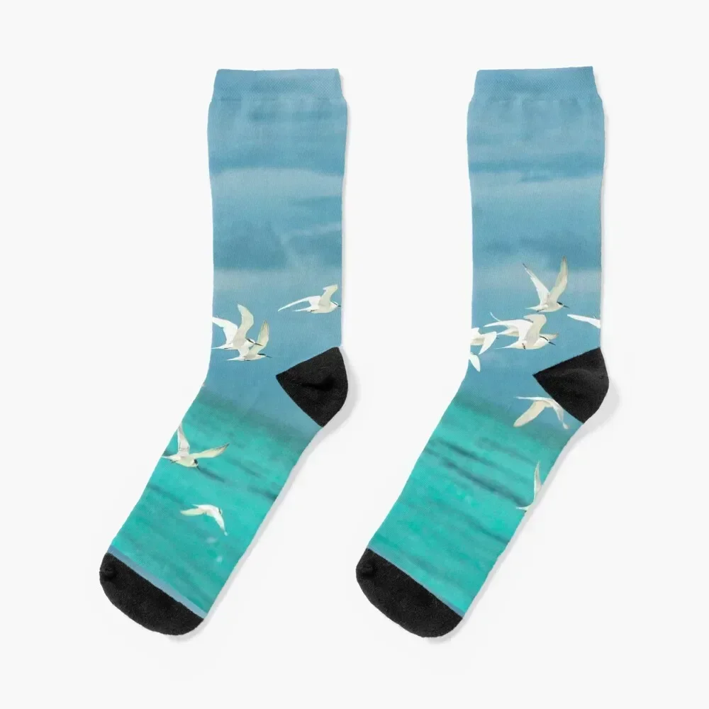 

Flock of White Seagulls Flying over Turquoise Water Socks with print fashionable sheer Ladies Socks Men's