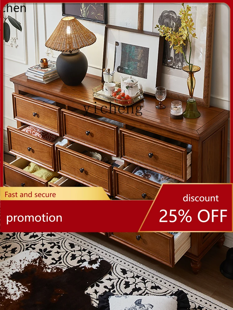 

HXL solid wood nine-chest cabinet retro ash wood bedroom storage cabinet against the wall, end of bed drawer, locker