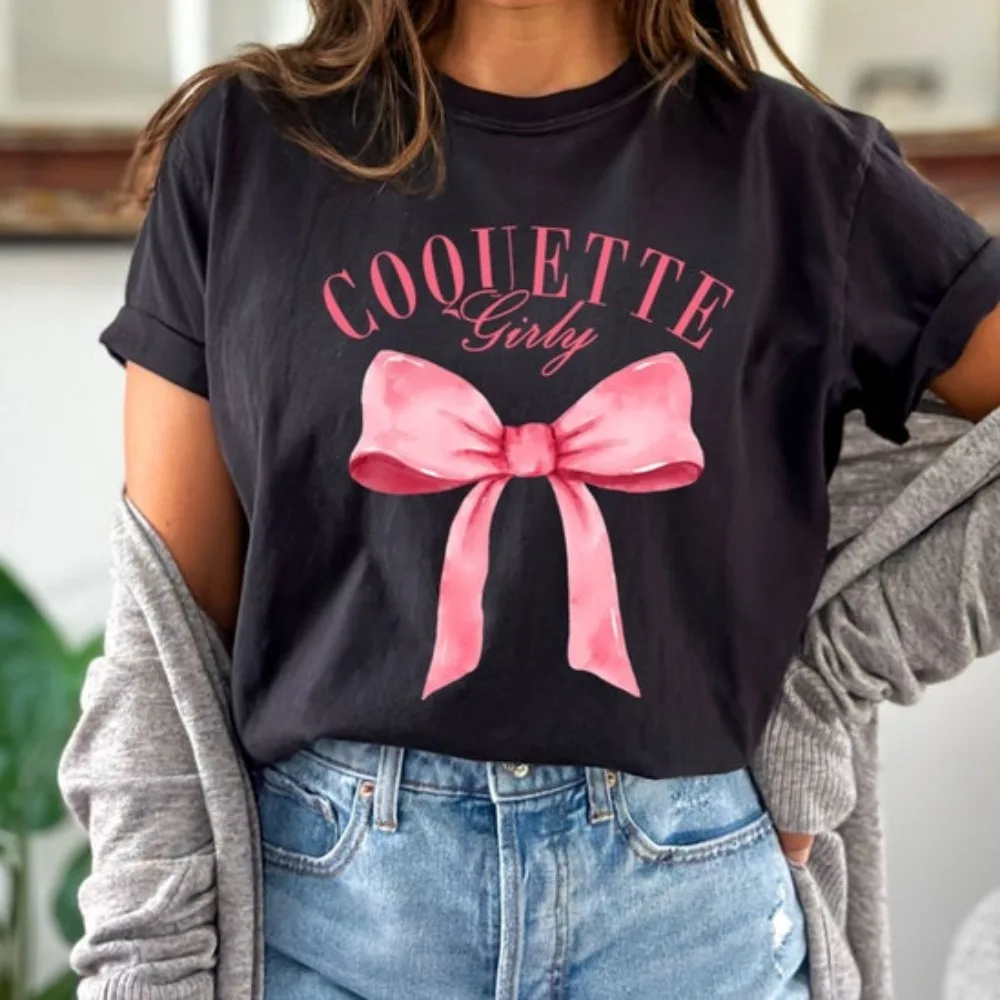 Bow T-Shirt Coquette Cotton Shirts for Women Ribbon Girly Soft Girl Era Aesthetic Trendy Ribbon Tee Coquette Girly Preppy Tees