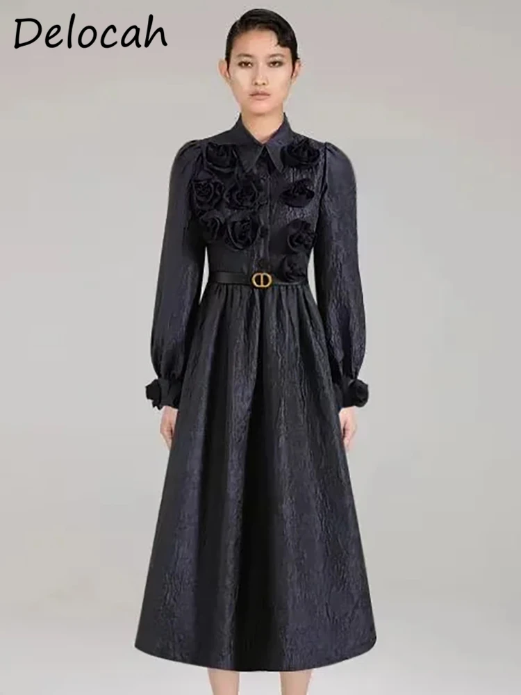 Delocah High Quality Autumn Women Fashion Designer Midi Dress Lantern Long Sleeve Belt Gorgeous Appliques High Waist Dresses