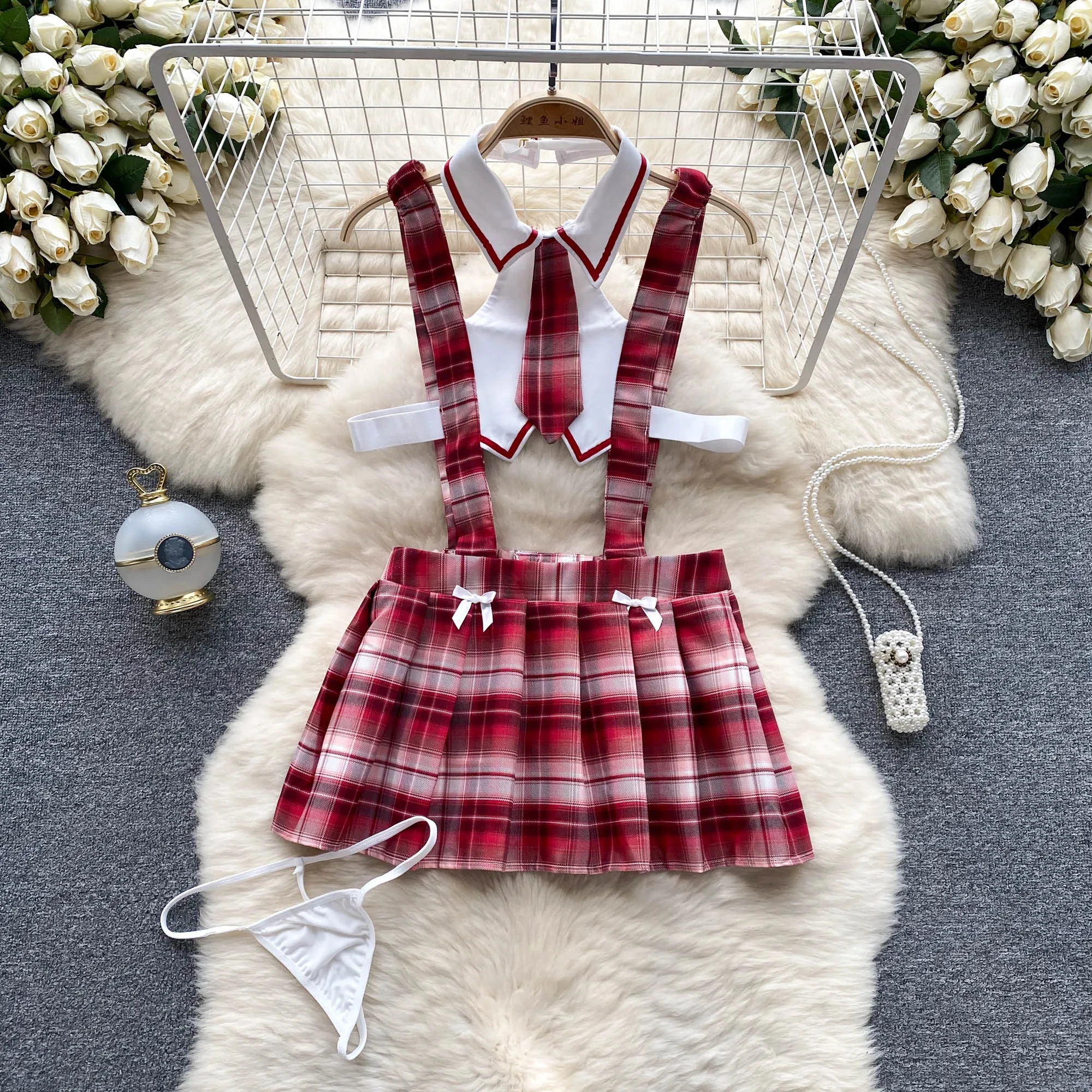 Girls Sexy Cute Japanese JK Uniform Mini Checkered Strap Skirt Off Shoulder High Waist Elastic Cosplay Dress Hot Sweet Pajama