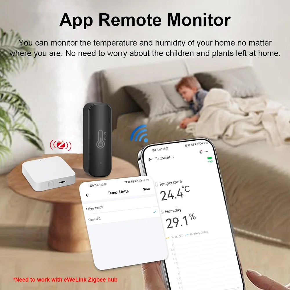 eWelink Smart Temperature and Humidity Sensor Home Environment Monitor APP control work with ZIgbee gateway
