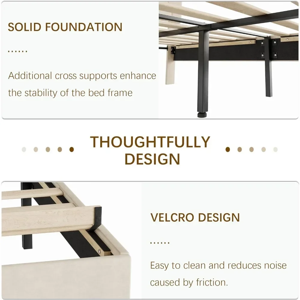 إطار سرير بحجم كوين، منصة منجدة مع لوح رأسي معنقدة ماسي قابل للتعديل، دعم شريحة خشبية، لا حاجة إلى صندوق زنبركي