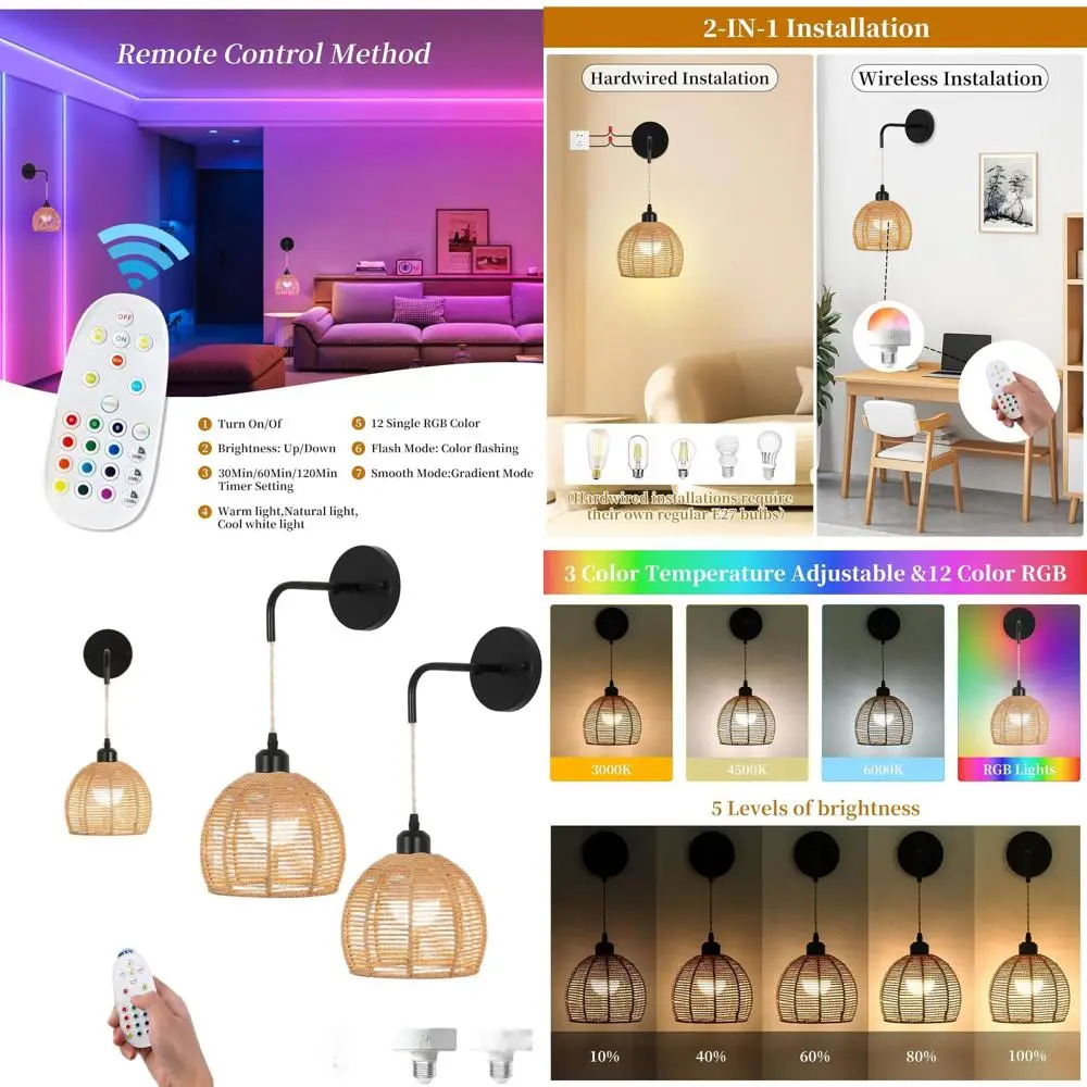 

Набор из 2 настенных бра в богемном стиле на батарейках с пультом дистанционного управления, 15 цветов с регулируемой яркостью для внутреннего использования