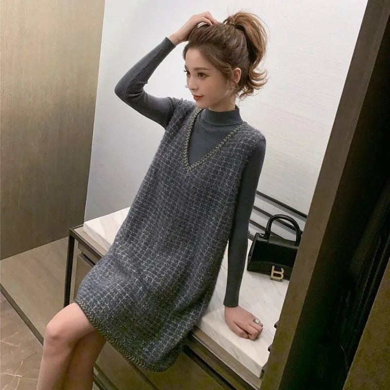 Autumn Tweed Tank Dress + Slim Sweater Top Two Piece Set V-neck Short Women Dress With Kint Pullover Winter Elegant Dress Of Set