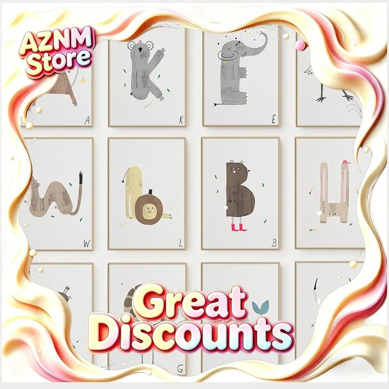 Modern ABC 26 Animal Alphabet Poster Children Funny Letters Canvas Painting Wall Art for Nursery Kids Room Home Decor Mural G