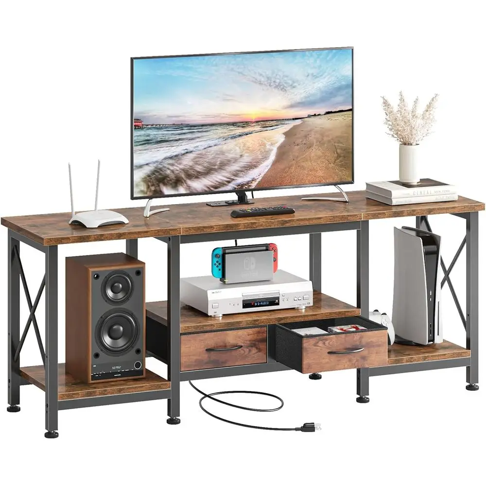 

55 Vintage-Style TV Stand with Fabric Doors, Open Shelves, and Built-in Outlets for Living & Bedroom