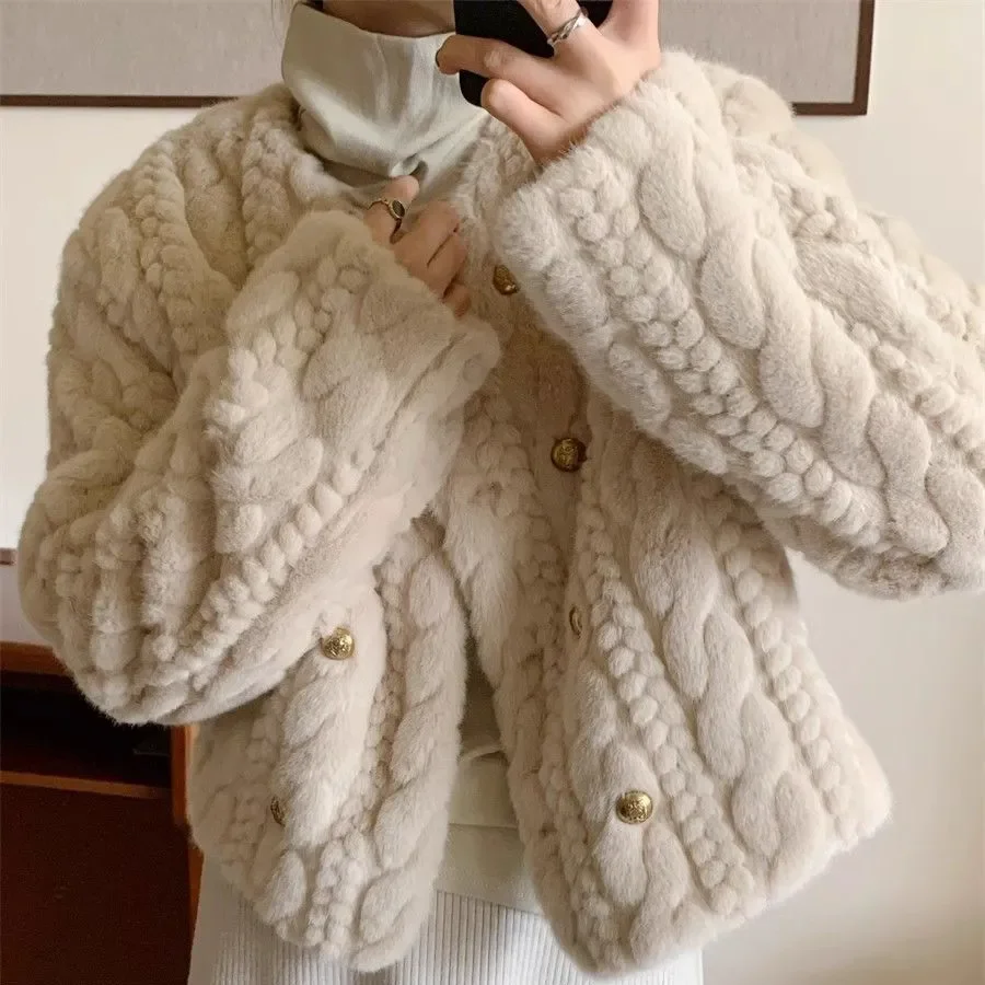خريف شتاء 2026 جديد المنك المخملية الفراء الفراء سترة المرأة معطف الجولة الرقبة مزدوجة الصدر قصيرة فضفاضة الدافئة الفراء سترة القمم