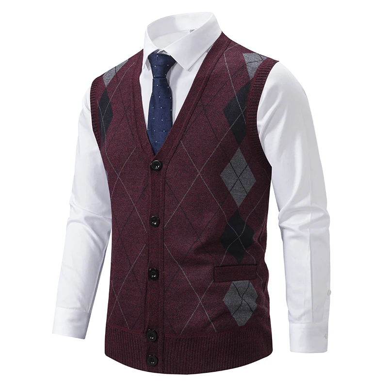 

Checkered Business Casual Button Up Coat Men's Clothing Spring Autumn Male Vest Sleeveless Sweater Fleece Warm Knitted Jackets