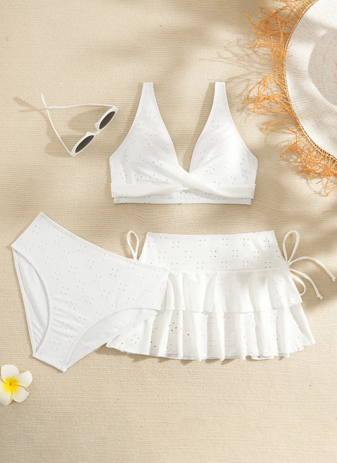 sexy white hollow out cross bikinis sets 3pcs with ruffles tie mini skirt swimsuits bathing suit beach outfits biquini tankini