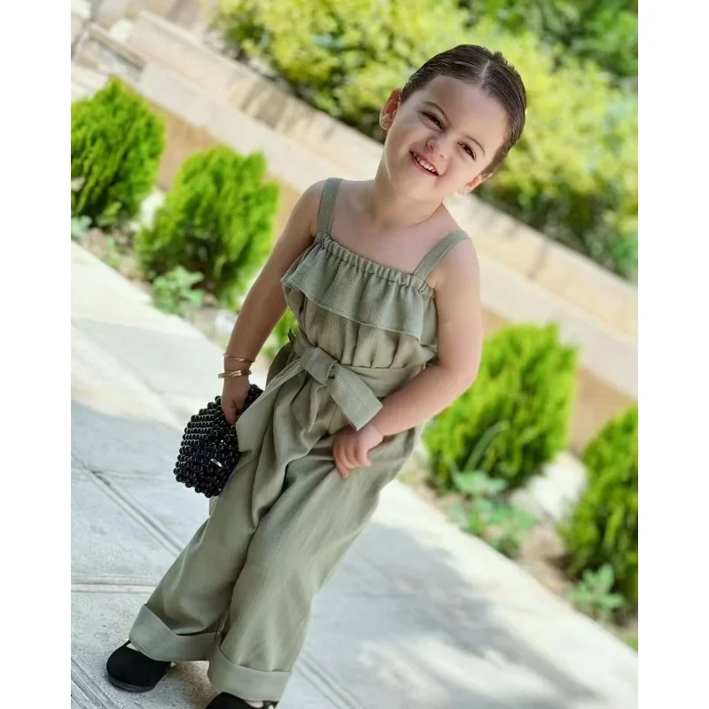 Girls Jumpsuit Children's Summer New Cotton and Linen Solid Color Sleeveless Lace up Waistband Jumpsuit WLeg Pants 2-7Y