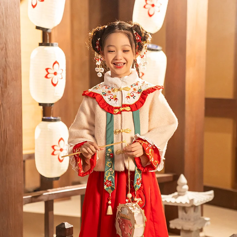 New winter girls' Hanfu Chinese Style Embroidered children's set girls' Plush thickened New Year's greeting clothes