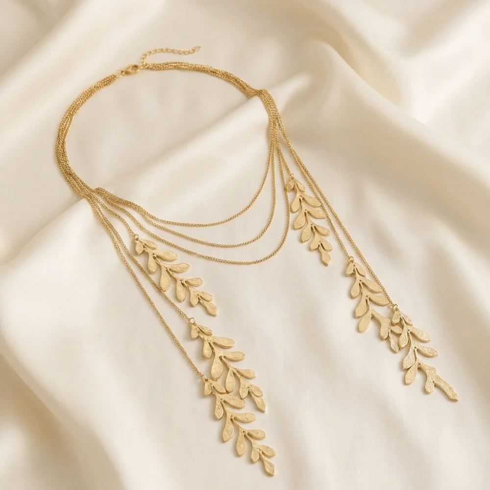 Golden Color Leaf Chain Necklace Personalized Design Gorgeous Style Tassel Long Necklace Boho Beaten Texture