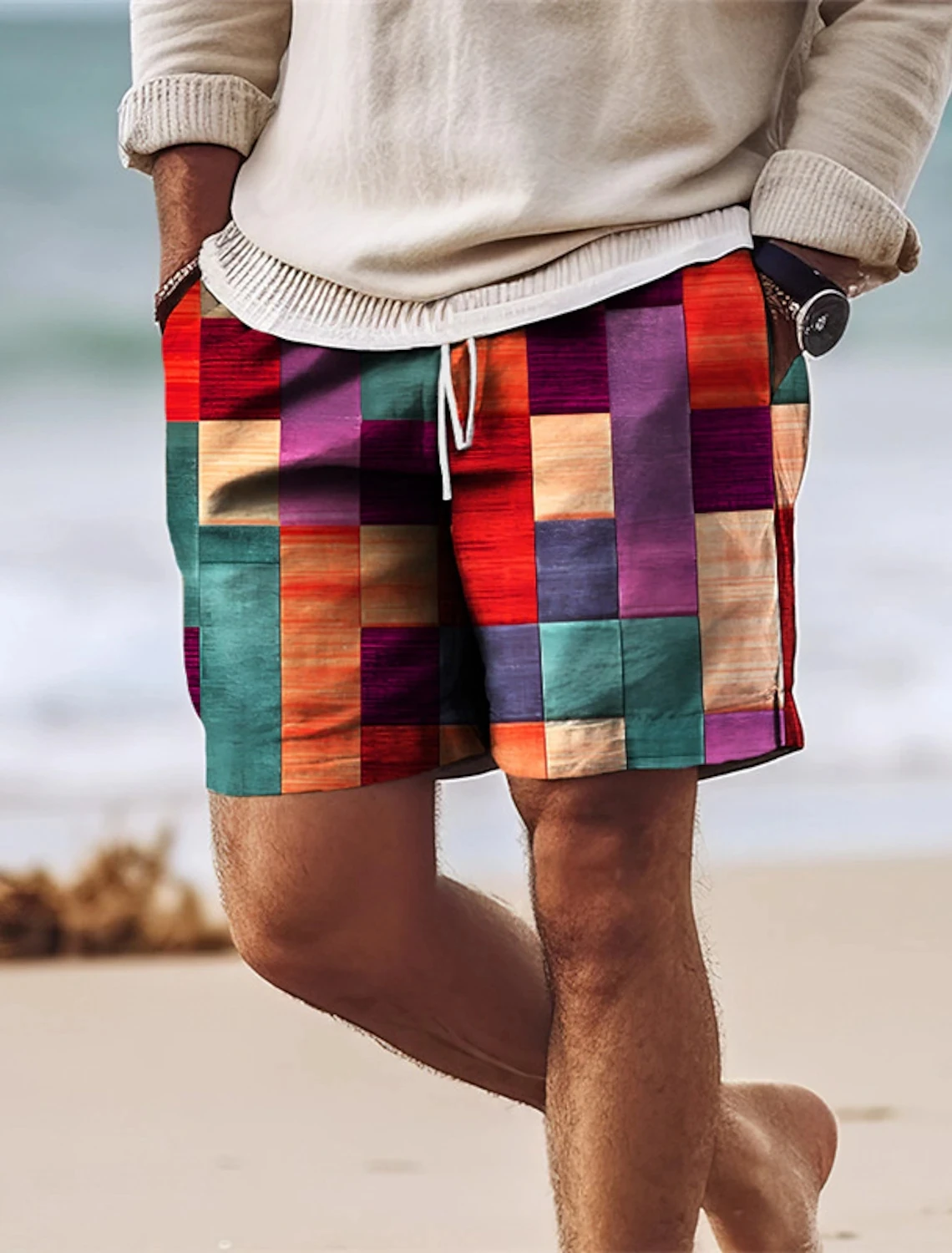 Men's Surf Shorts Drawstring Swim Shorts with Mesh Lining Elastic Waistband Colorblocked Quick Dry Shorts Holiday Beach Casual