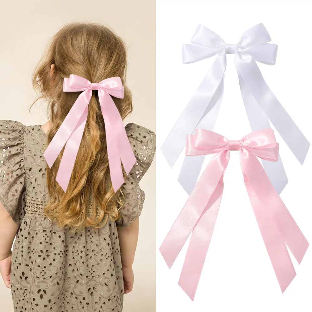 5.0 Inch 2024 2Pcs/Lot Satin Ribbon Bow Hairclips Girls Ribbon Hair Clip Long Tails Bowknot Barrettes Kids Hair Accessories