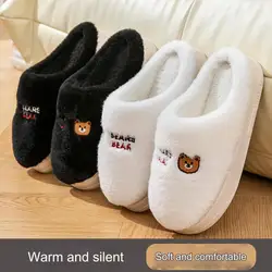 Winter Cartoon Bears Couple Cotton Slippers Cute Indoor House Casual Warm Thick Bottom Flat Toe Wrap Unisex Soft Sole Shoes