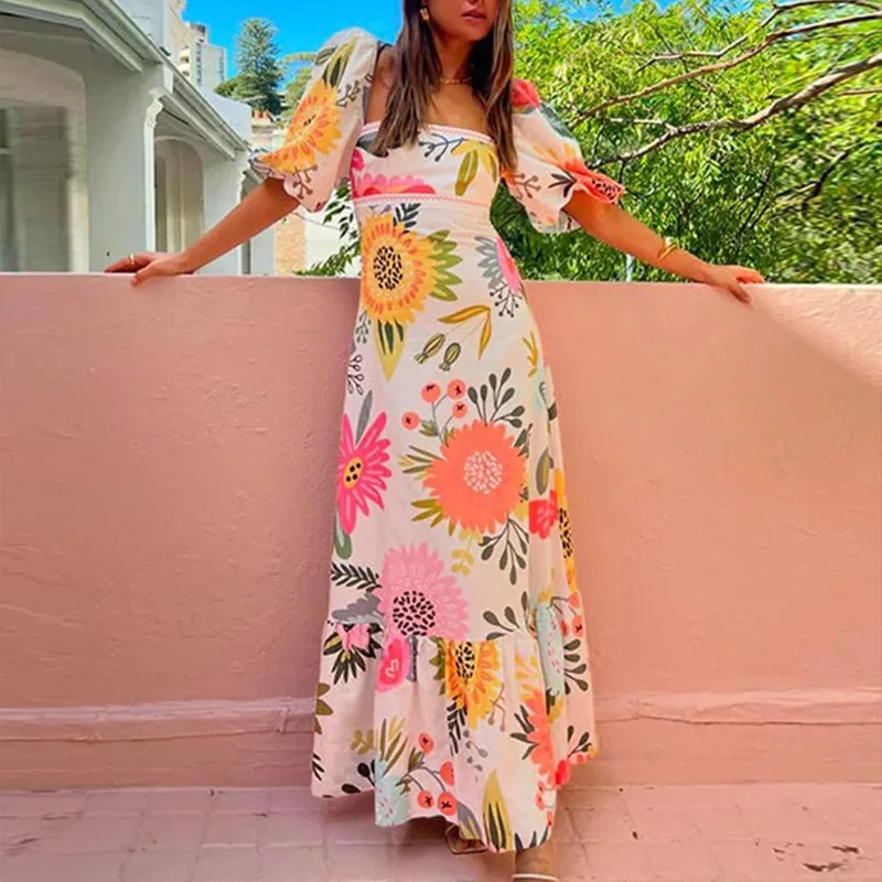 VEITCHE Sommerkleid, elegantes Damen-Maxikleid mit Blumenmuster, hohe Taille, kurze Ärmel, quadratischer Kragen, lange Urlaubskleider
