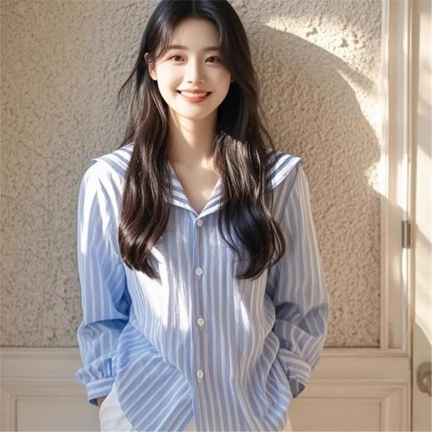 

Fashionable Striped Navy Collar Shirt Outer Set Brandless Premium Top Trendy Spring Collection Six Sleeve Women's Blouse