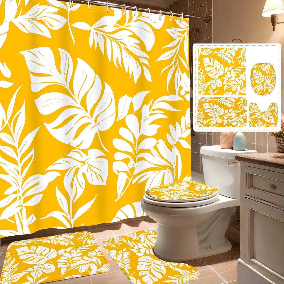 

4pcs Shower Curtain Set, Tropical Golden Leaf Pattern, Modern Bathroom Decor - 71"x71"/180cmx180cm, Includes 12 Hooks,