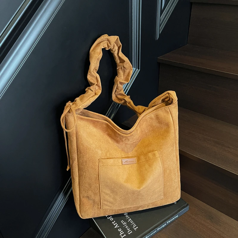 

2025 Autumn & Winter New Fashion Faux Suede Square Shoulder Bags Solid Zipper Large Capacity Folds Casual Tote Bags for Women
