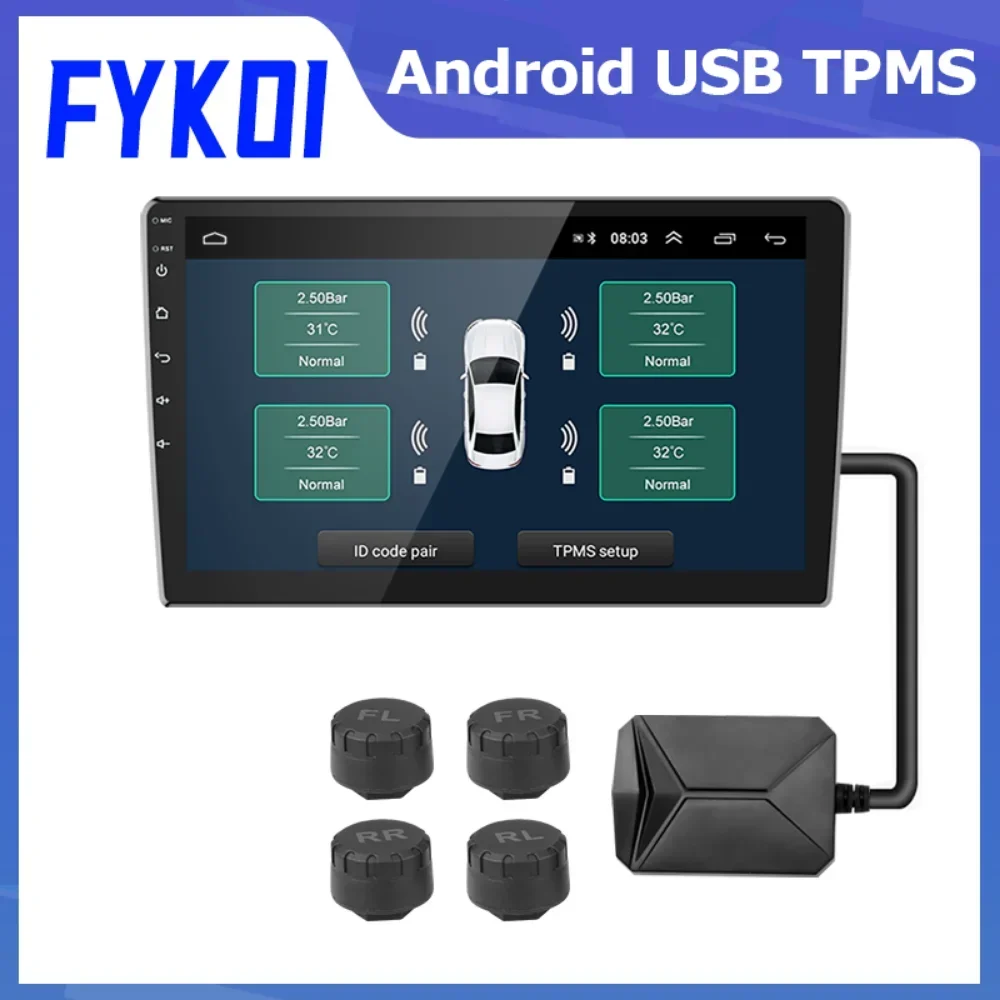 

FYKOI USB Android Wireless TPMS Tire Pressure Monitoring System 5V Internal External for Navigation Car Radio Display Alarm