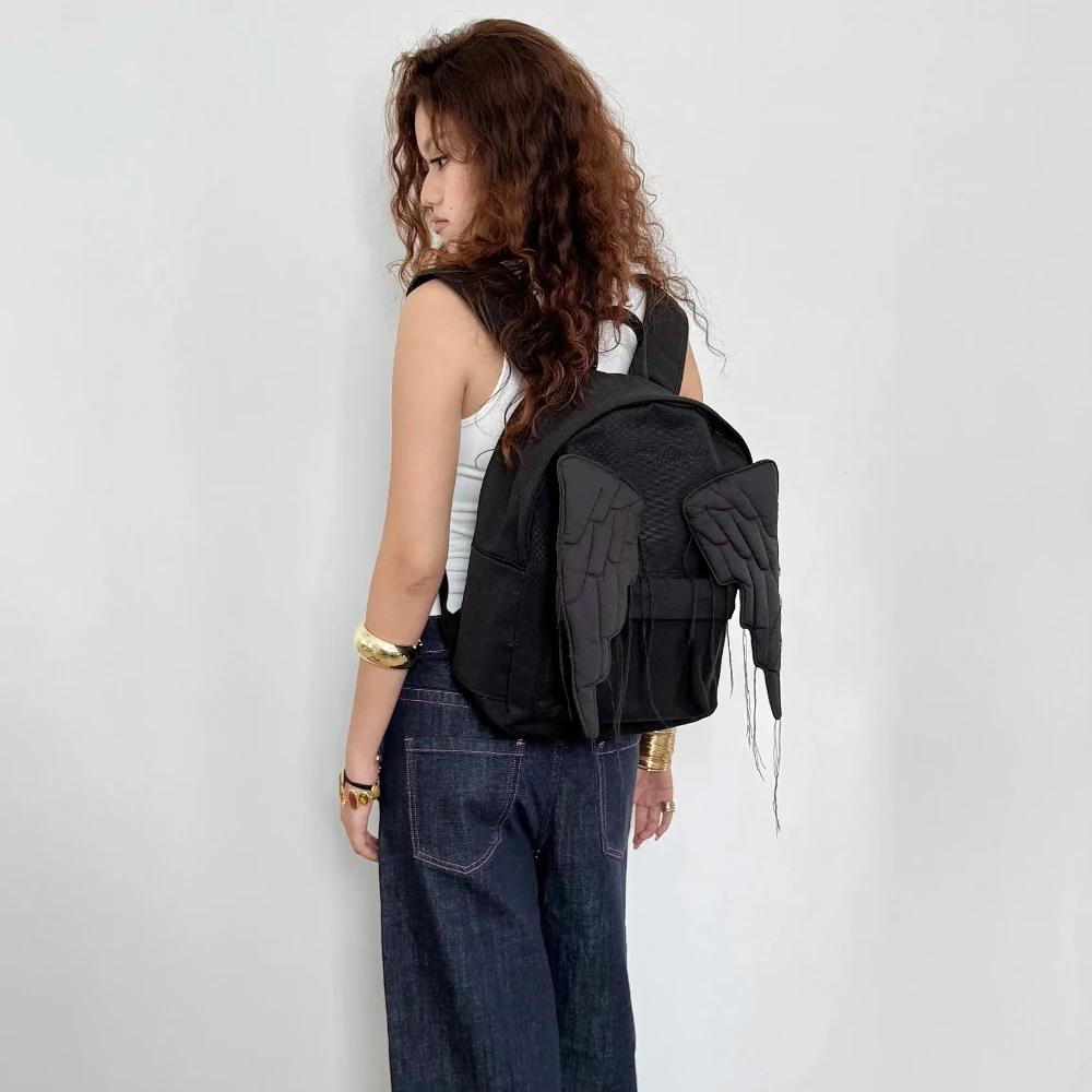 

Original Simple Large-capacity Y2K Fashionable Personalized Angel Wings Fringed Canvas Backpack High-end Kawaii Schoolbag Unisex