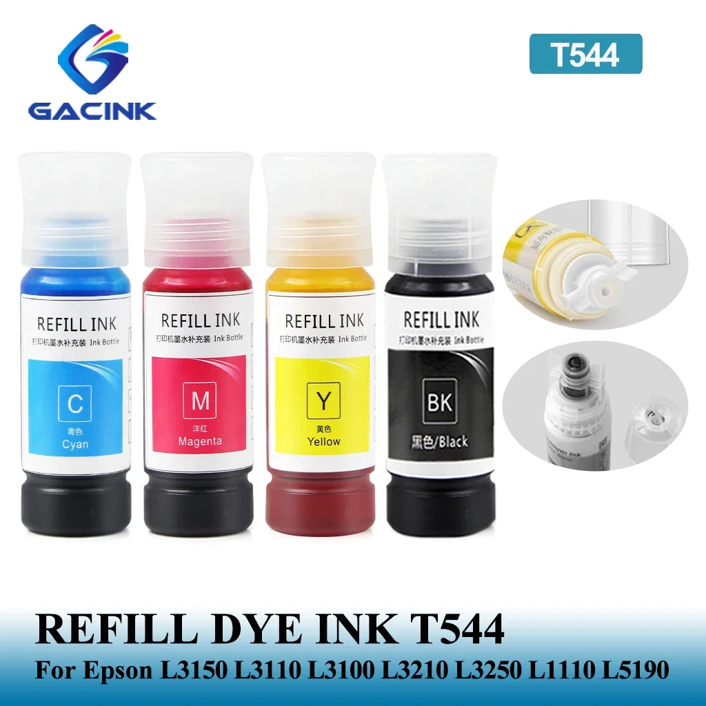 70ml/130ml T544 544 Refill Dye Ink For Epson Eco Tank L3150 L3110 L3100 L3210 L3250 L1110 L5190 Desktop Dye Ink