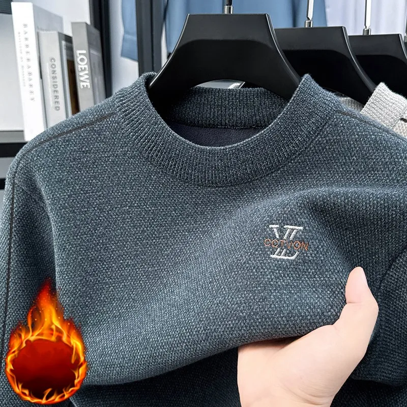 سترة مطرزة بأحرف فاخرة من العلامة التجارية المصممة عالية الجودة من القطيفة للخريف والشتاء الدافئ المريح للرجال بلوفر محبوك برقبة دائرية #3