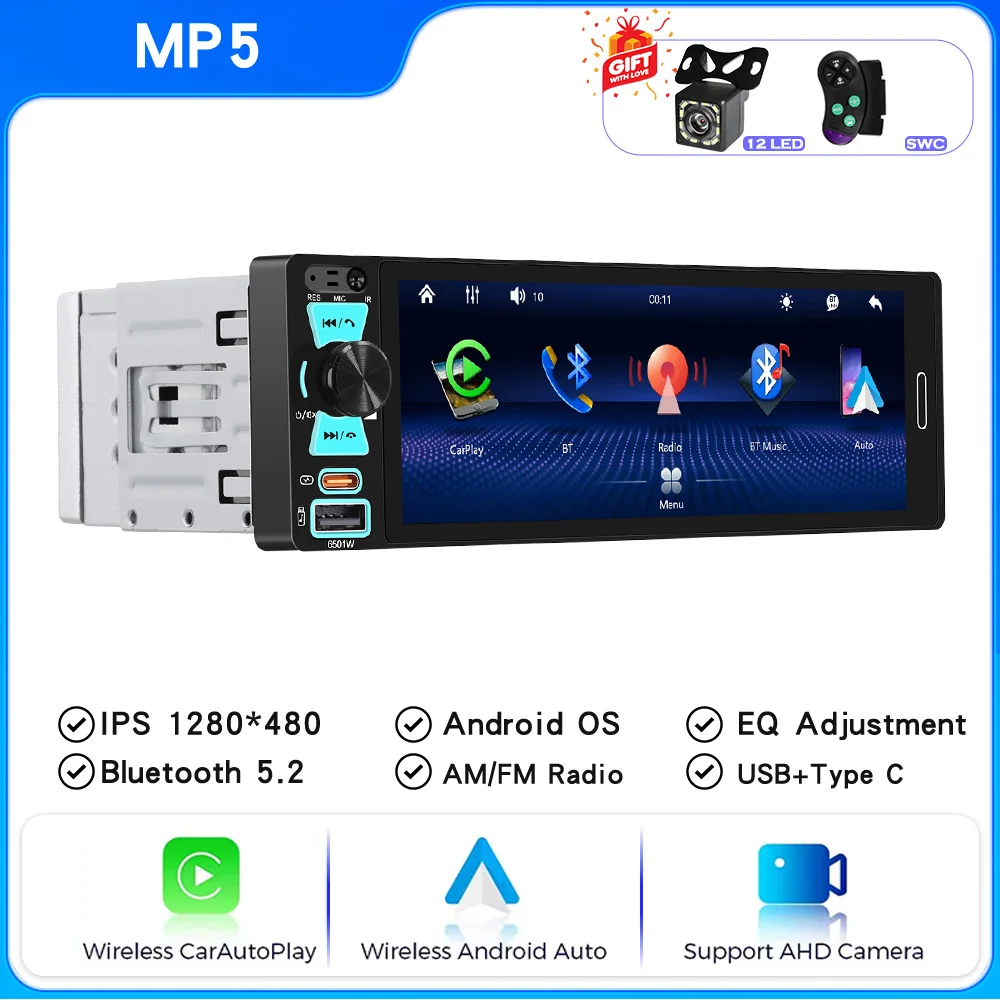 1din Universal Car Radio Android Auto CarPlay Wireless Touch Screen FM/AM Car Stereo Mp5 Multimedia Player TF Port Camera image 3