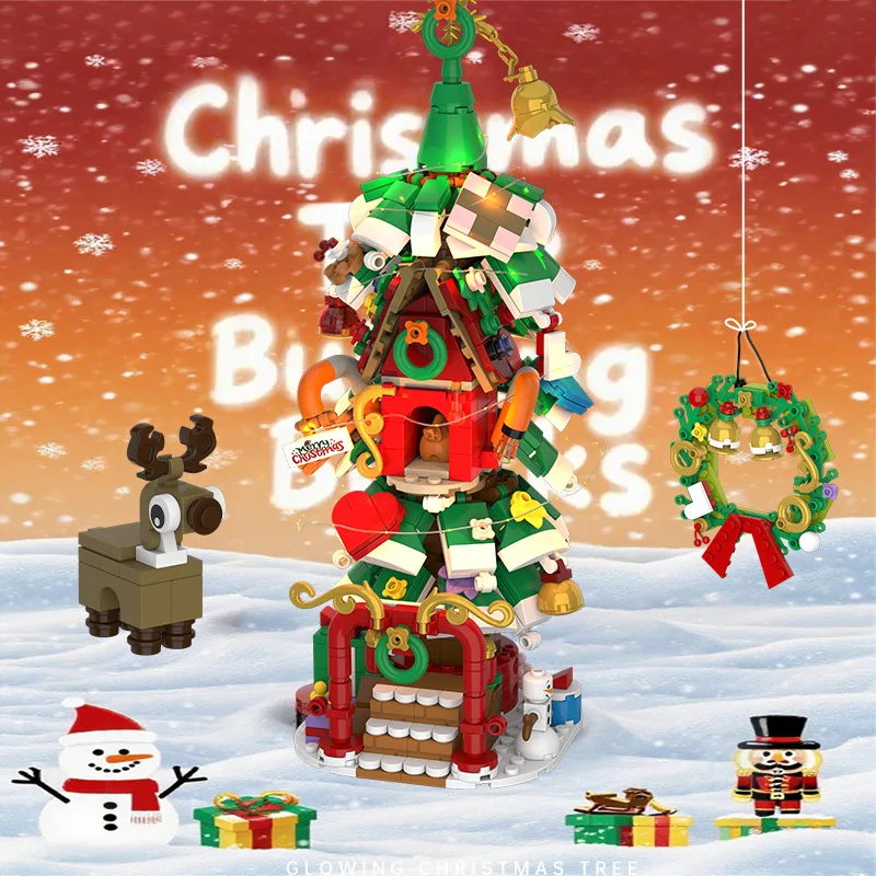 Bloques de construcción de la serie navideña MOC con luz LED, trineo, alce, modelo de árbol de Navidad, decoraciones, ladrillos para niños, juguetes de regalo, 820 Uds.