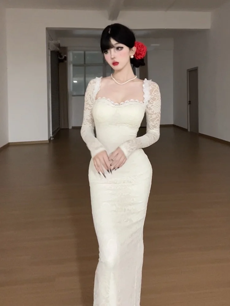 

SYJ Shuyijia Sexy Lace Dress for plus Size Women Square Collar Long Slit High Waist Bodycon Dress Casual Style Autumn Wear