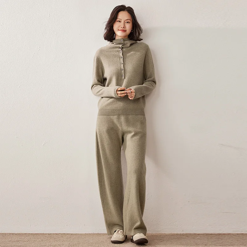Women's Hooded Pullover and Pants Sets 100% Cashmere Sweater Spring Autumn Winter Cashmere Banana Trousers Knitted Suits