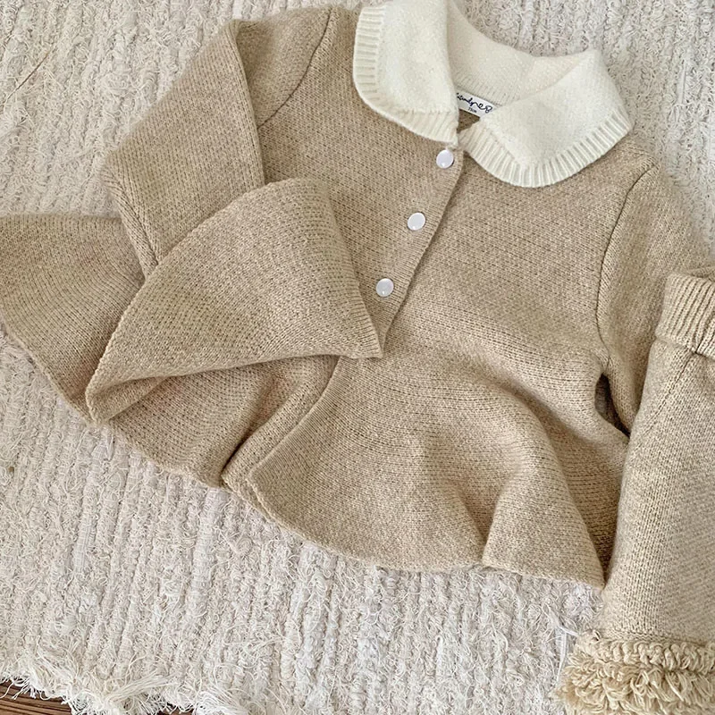2024 جديد الخريف الشتاء الرضع طفل الفتيات الملابس مجموعة طويلة الأكمام سترة مشغولة من الصوف + السراويل طفل رضيع محبوك الملابس دعوى