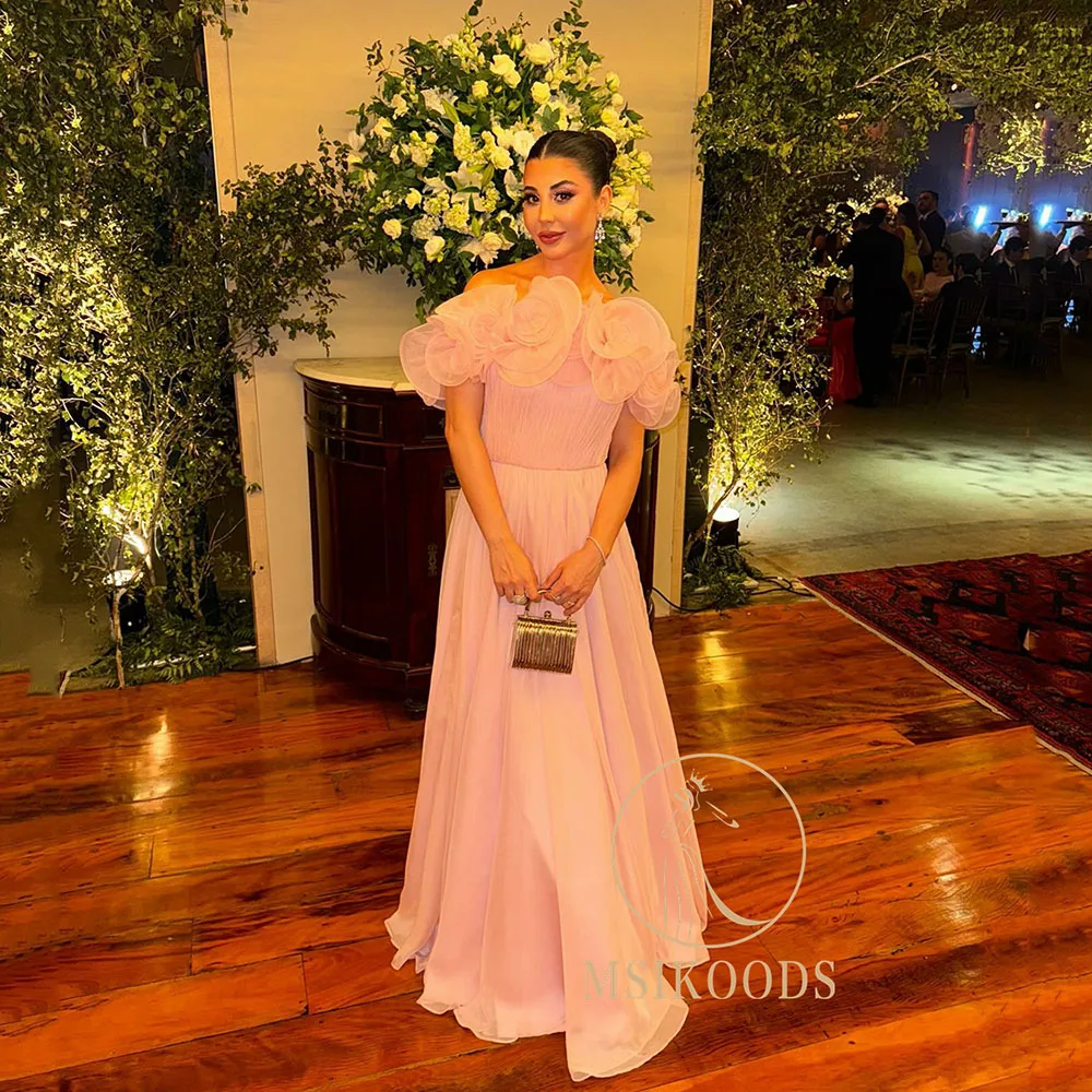 

Msikoods Pink Evening Dresses 2025 Floral Pleated Prom Dress Special Occasion Dress Women Formal Wedding Guest Gown Customized