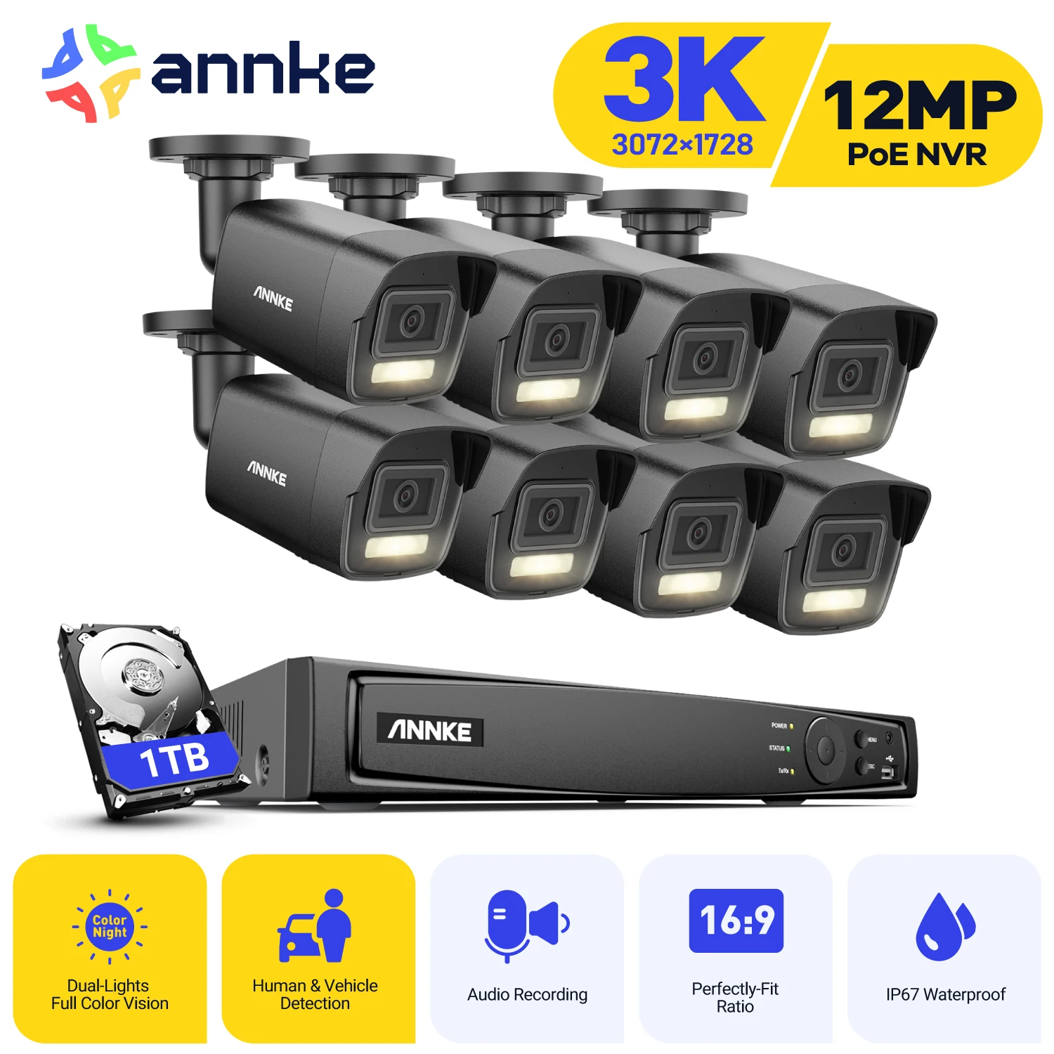 ANNKE 8CH Network POE Video System Home H.265+ Smart Dual Light Night Vision Motion Detection Security Camera Surveillance Kit