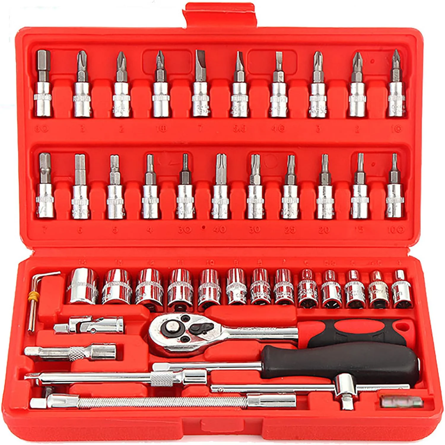 46PCS/Set Socket Ratchet Wrench Set 1/4 Inch Drive Small Tool Set with Screwdriver Bit Sockets Extension Bar for Car Repairing