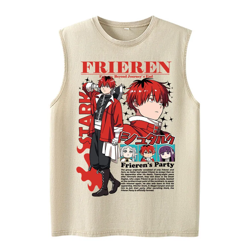 Anime Frieren Beyond Journey's End Stark Graphic Vintage Washed Vest T-shirts Men's Clothing Casual Cotton Sleeveless Tank Tops