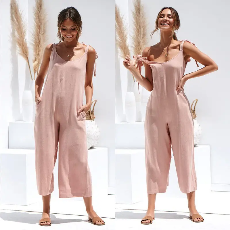 

Summer Loose Casual Jumpsuit Women Sleeveless Rompers O Neck Solid Backless Overalls Trousers Wide Leg Cropped Pants hot