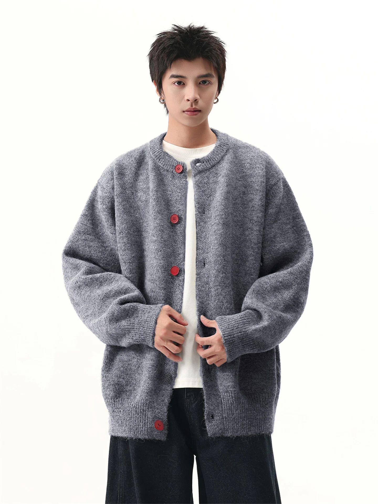 

Мужской вязаный кардиган с круглым вырезом и пуговицами, однотонный, в стиле ретро, американский, повседневный, шикарный, универсальный, для пар, трикотажная одежда