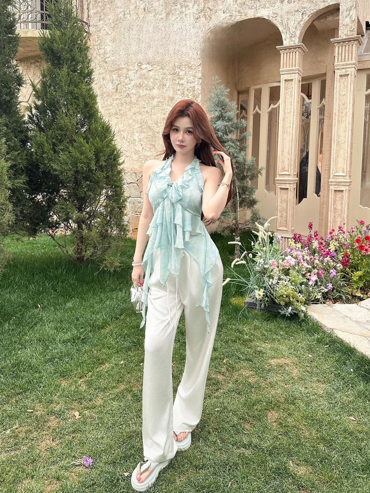 AZZHEN Mint Girl Shiny Thread Printed Neck Hanging Sash Short Sleeveless V-neck Women's Crop Top with Flounce Hem