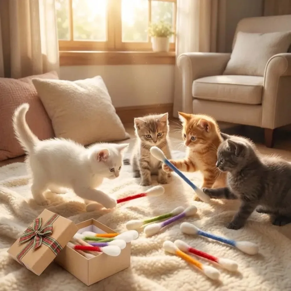 6pc Creative Large Cotton Swab Shaped Catnip Felt Toy Cat Grinding Biting Stick Durable Teeth Cleaning Cat Training Supplies